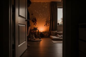A wide shot from the perspective of an open doorway looking into a warmly lit