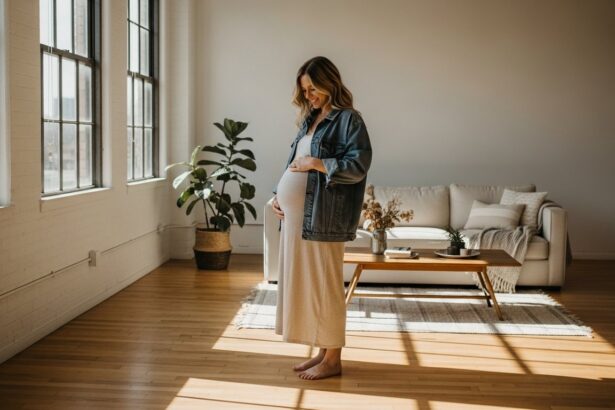 wide shot of a radiant expectant mother in a minimalist