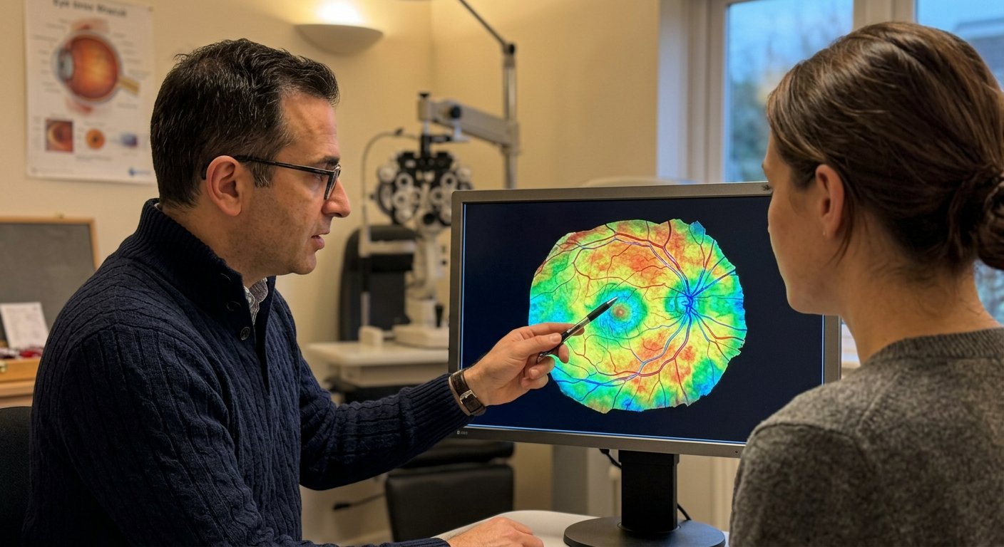 Optometrysta wskazuje na trójwymiarowy, kolorowy skan siatkówki oka wyświetlony na ekranie komputera podczas konsultacji z pacjentem.