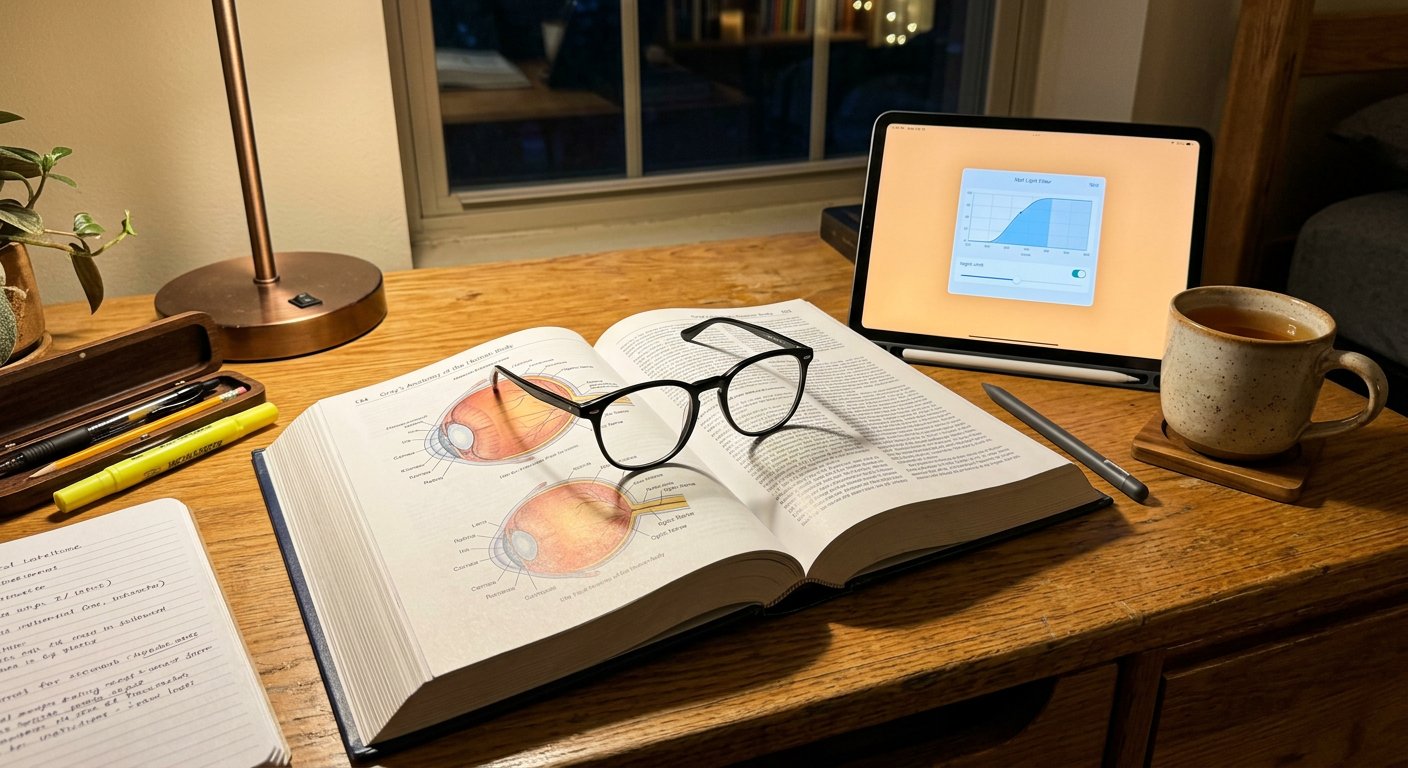 Okulary korekcyjne leżą na otwartym podręczniku do anatomii oka obok świecącego tabletu na drewnianym biurku oświetlonym ciepłym światłem lampki.