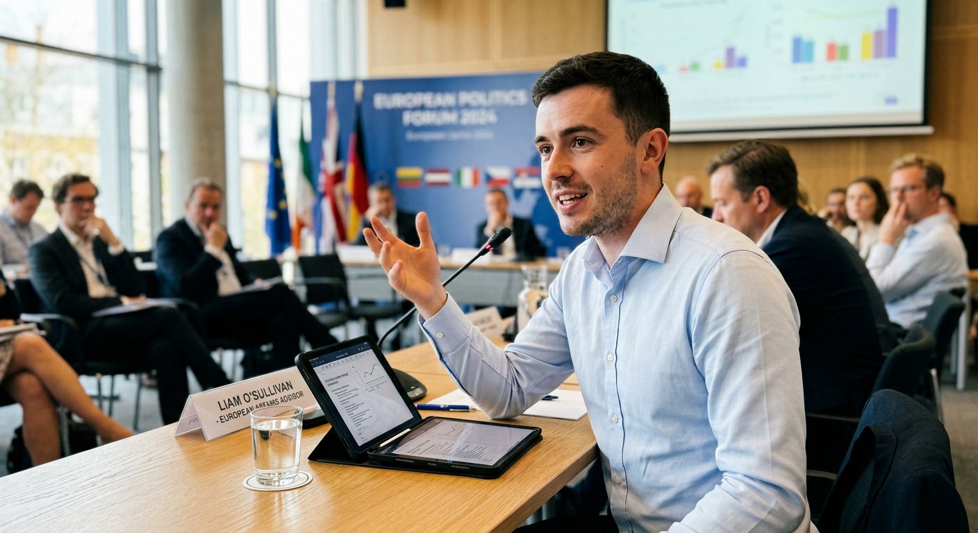 Młody politolog z zaangażowaniem przemawia podczas panelu dyskusyjnego w jasno oświetlonej sali konferencyjnej.