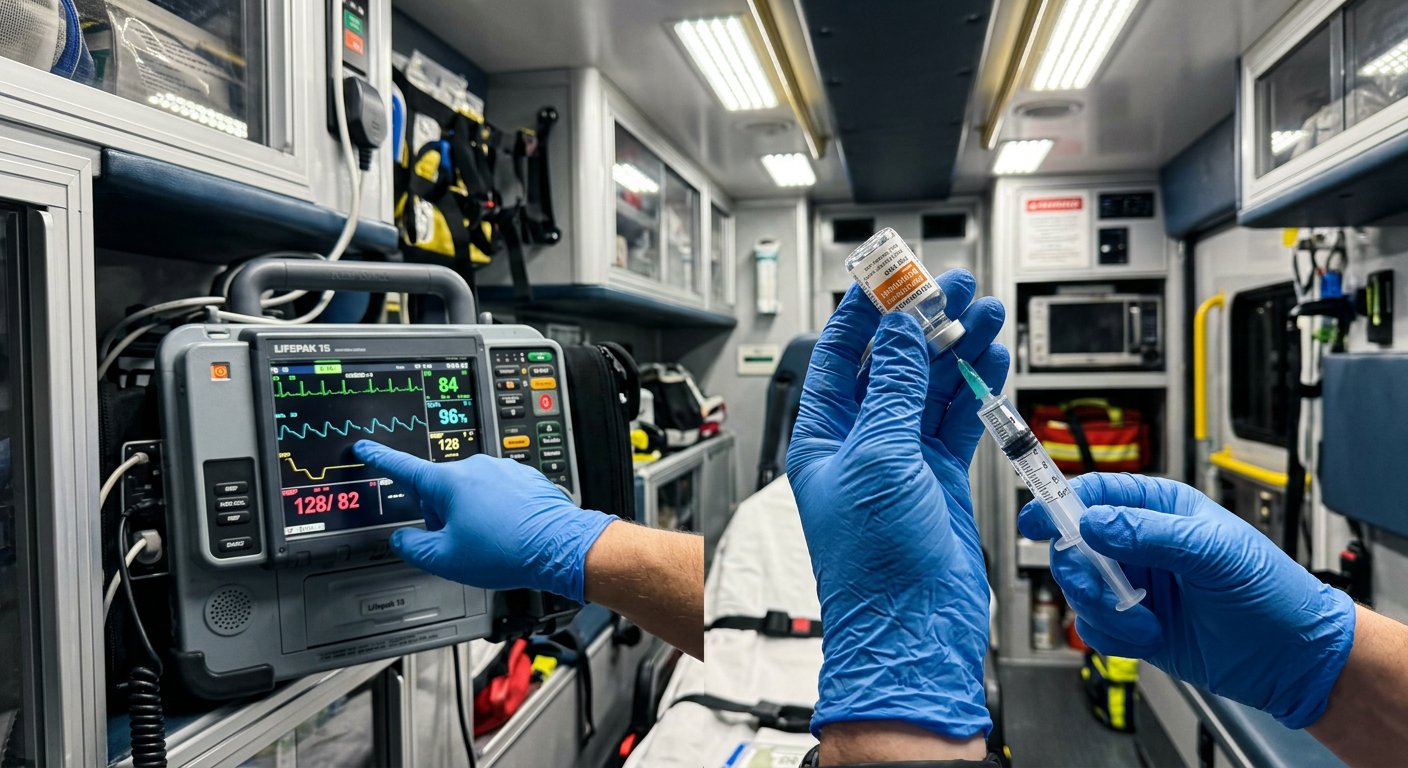Dwoje ratowników medycznych w niebieskich rękawiczkach jednorazowych precyzyjnie przygotowuje sprzęt medyczny i aparaturę monitorującą wewnątrz oświetlonego przedziału medycznego ambulansu.