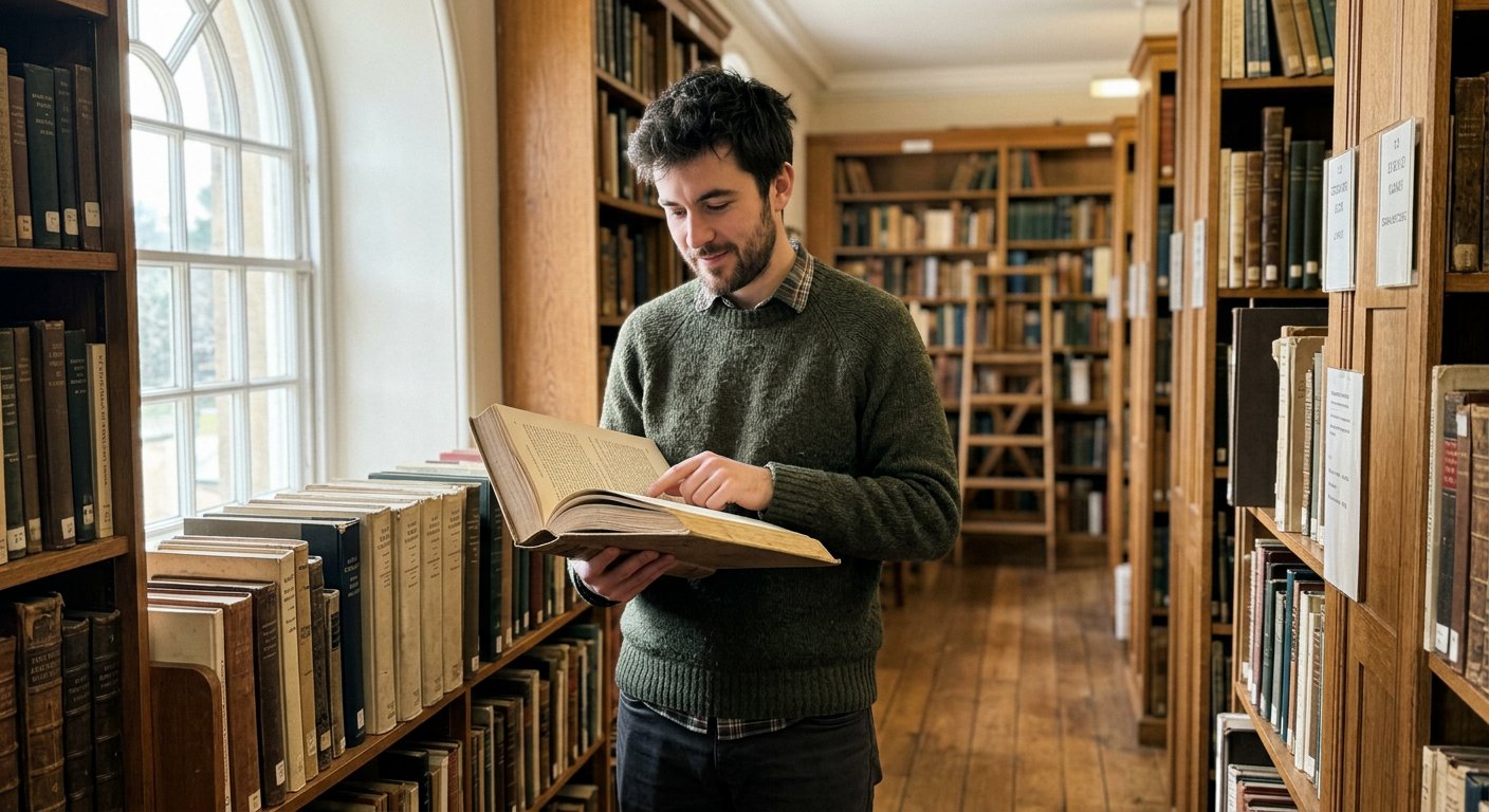 Mężczyzna w okularach z zaangażowaniem przegląda grubą, historyczną księgę w zaciszu biblioteki oświetlonej naturalnym światłem słonecznym.