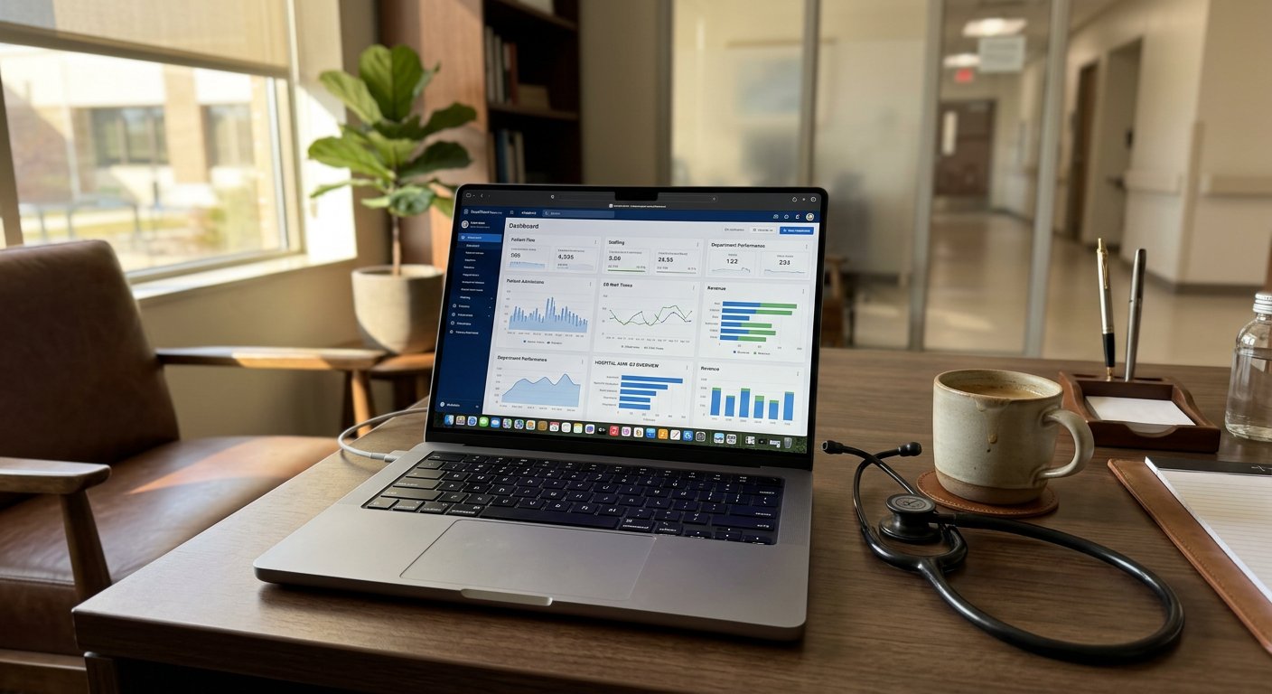 Otwarty laptop z czytelnymi wykresami i systemem do zarządzania placówką medyczną stoi obok stetoskopu na jasnym biurku dyrektora szpitala.