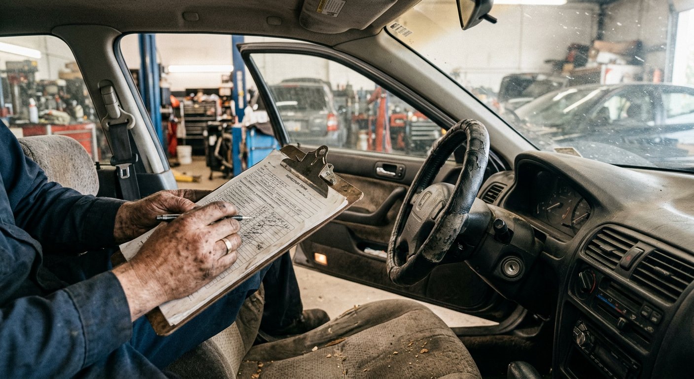 Mechanik skrupulatnie ocenia stan techniczny wnętrza pojazdu, aby ustalić, czy auto nadaje się do dalszej odsprzedaży, czy jedynie do całkowitego zezłomowania.