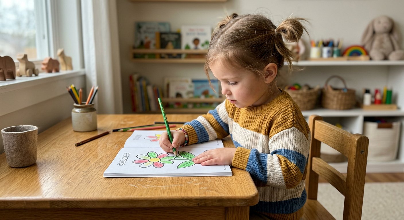 Czteroletnia dziewczynka siedzi przy małym, drewnianym biurku i w skupieniu koloruje zieloną kredką rysunek kwiatka w swojej pierwszej książeczce.