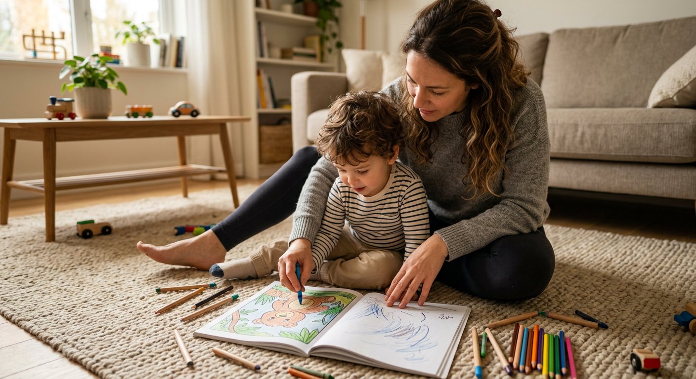 Mama i trzyletni syn siedzą wspólnie na miękkim dywanie, razem kolorując obrazek w dużej książeczce za pomocą niebieskiej kredki.