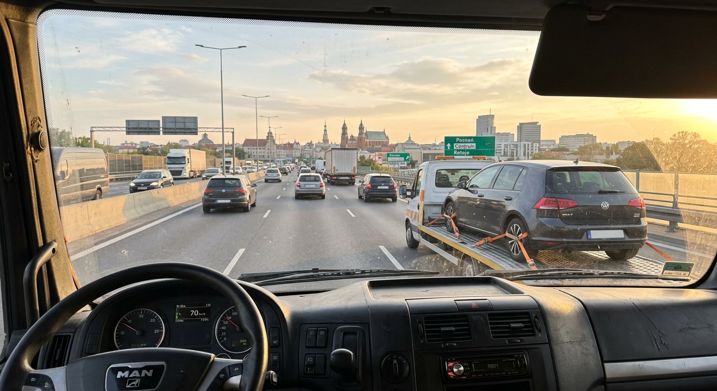 Zabezpieczone auto transportowane jest na lawecie w stronę Poznania w promieniach zachodzącego słońca.