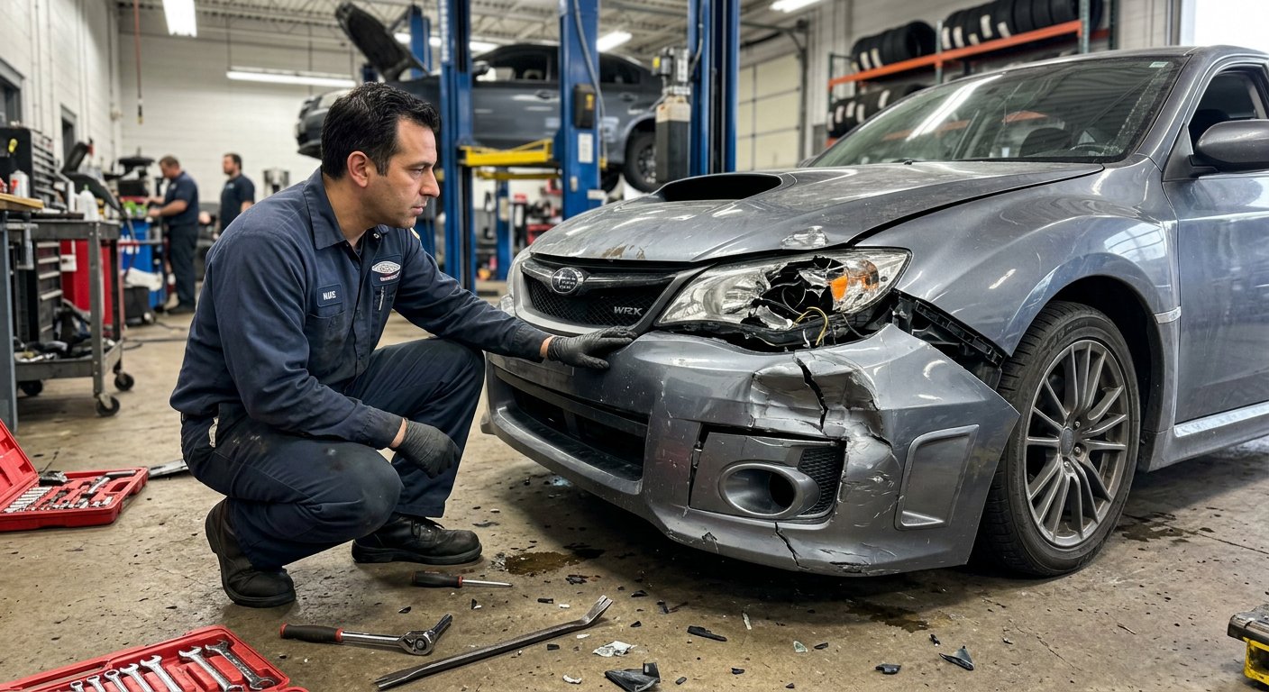 Mechanik samochodowy w warsztacie uważnie ogląda rozbity przód auta, oceniając stopień zniszczeń powstałych w wyniku kolizji drogowej.