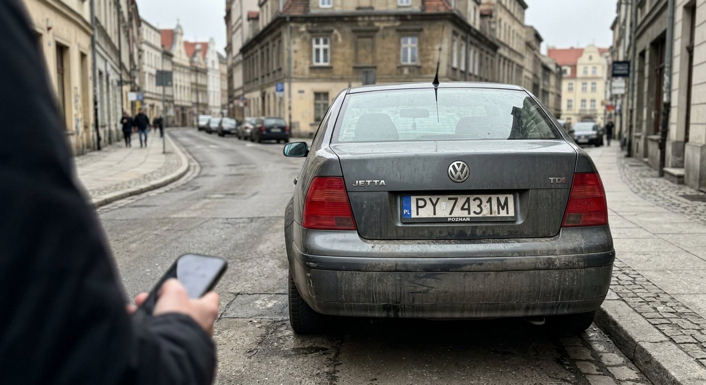 Widok z perspektywy przechodnia na zakurzony tył osobowego samochodu zaparkowanego wzdłuż ulicy z zabudową miejską w tle.