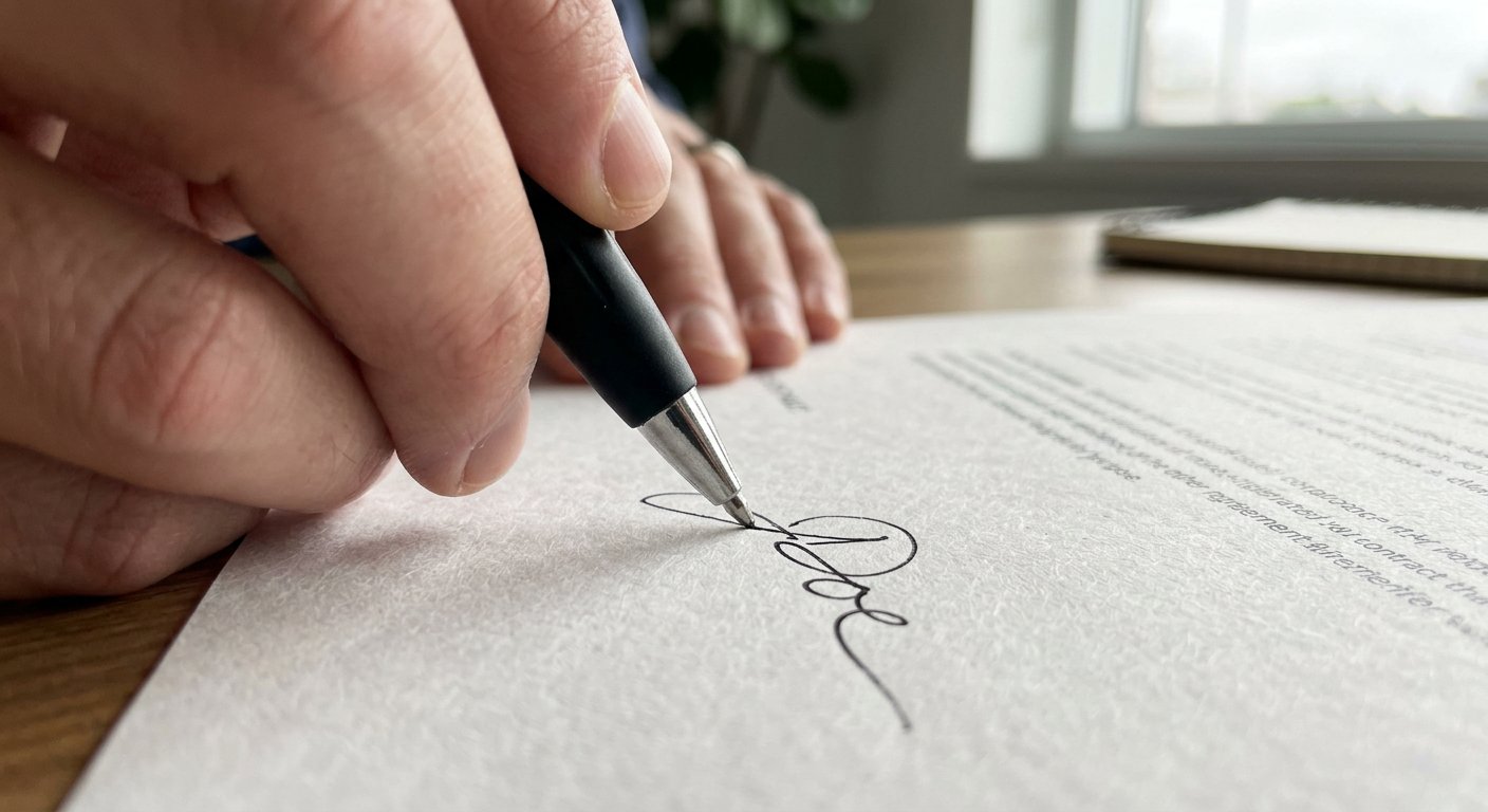 Końcówka długopisu składająca podpis na białym arkuszu umowy kupna-sprzedaży samochodu podczas spotkania przy biurku.